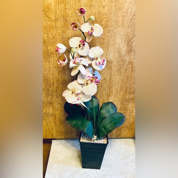 Orchidae Astralgus Silk Faux Orchid Standing Plant With Leaves & Bronze Pot - Picture 1 of 8